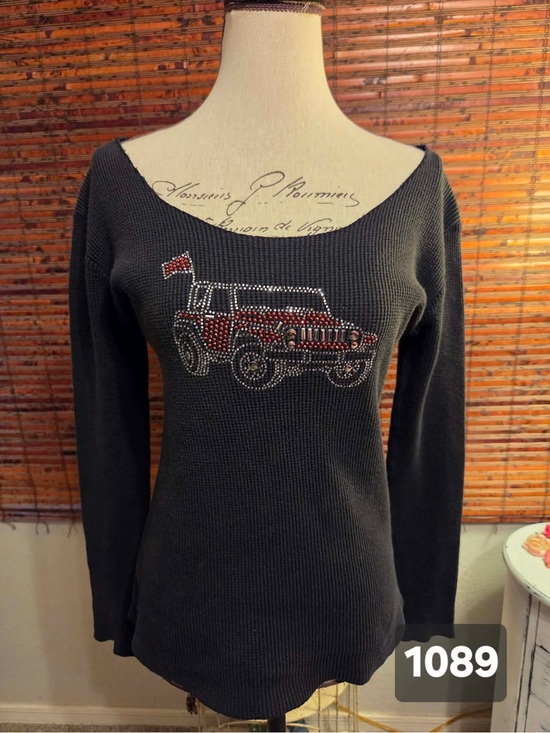 Ride On Tops - Ride-On Black Knit Top with Red & Silver Rhinestone Jeep Motif